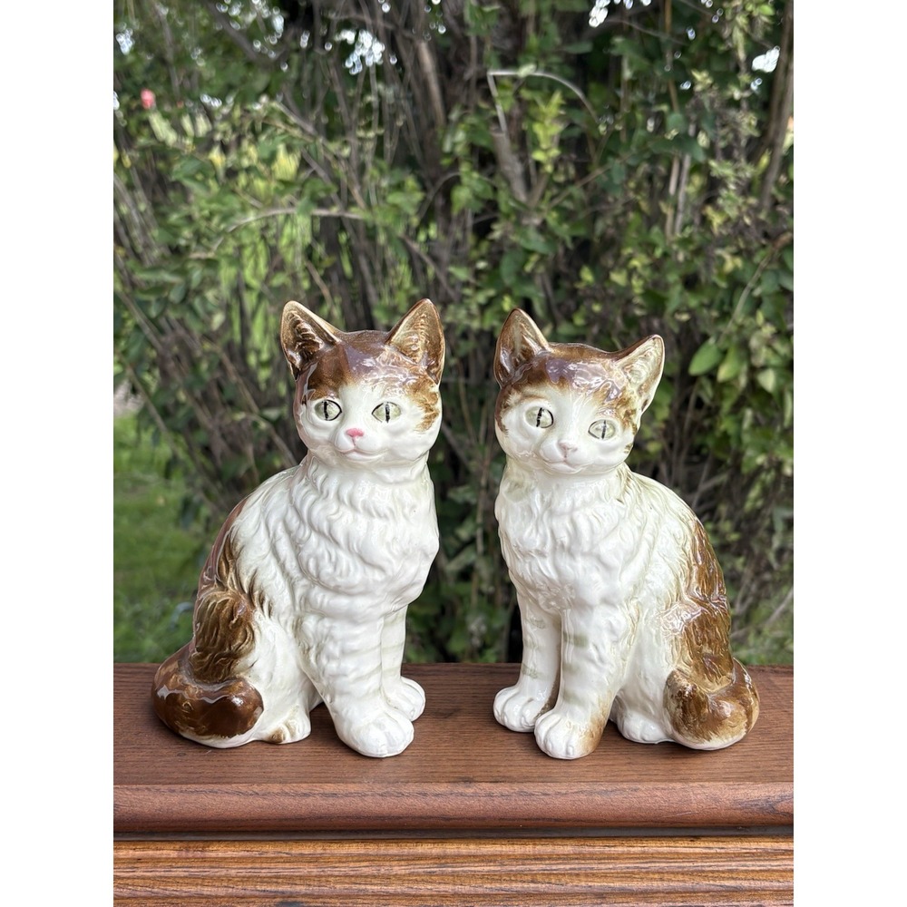 Vintage Ceramic Cat Figurines Pair Japan MCM Brown White Tabby 1950's Kitten 7"